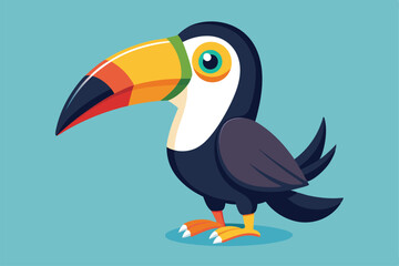Brightly colored toucan with a large beak posed playfully against a vibrant blue backdrop, Toucan bird in cartoon style