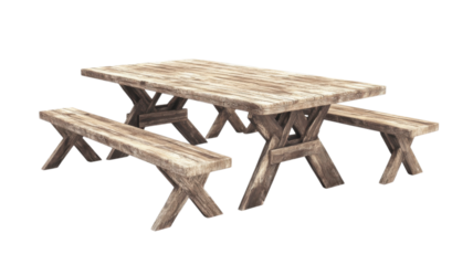 Rustic wooden picnic table set ideal for outdoor gatherings in gardens or parks