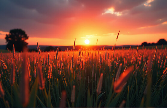 Radiant Sunset Casts A Serene Ambiance Upon A Vast Field Of Swaying Grasses During The Enchanting Twilight Hour.