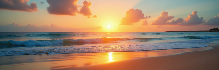 Fototapeta premium Radiant Sun Gently Descends Beneath The Horizon, Enveloping Tranquil Waters And Golden Sands In An Ethereal Glow.