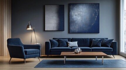 A minimalist yet elegant living room featuring a dark blue sofa and armchair, set against soft charcoal gray walls
