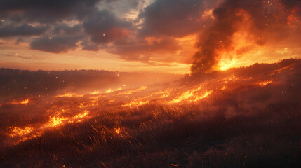 Burning dry grass in an open field, with flames billowing and smoke rising