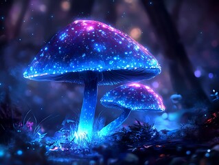 Glowing bioluminescent mushrooms in dark forest.