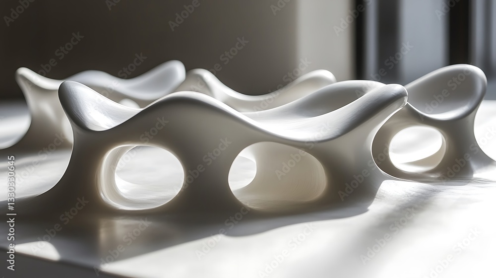 Poster white abstract sculptures are arranged in a unique and artistic setting