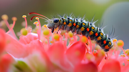 Caterpillar climbs vibrant red flower showcasing intricate animal behavior in a natural setting