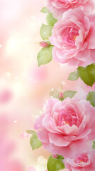 Fototapeta premium Delicate pink roses blossoming against softly sparkling pastel backdrop, conveying elegant romantic mood