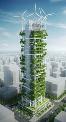 Obraz premium A modern skyscraper integrates greenery and wind turbines, showcasing sustainable urban development