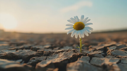 Chamomile flower growing on dry cracked earth, symbolizing resilience and environmental protection in challenging conditions