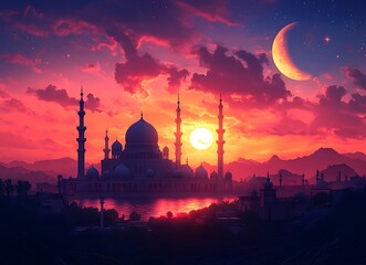 Naklejka premium Silhouetted Mosque with Crescent Moon Against a Vibrant Sunset