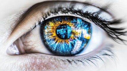 Digital Eye: A Close-Up of Human Iris Reflecting Futuristic Data Streams and Technological Advancements