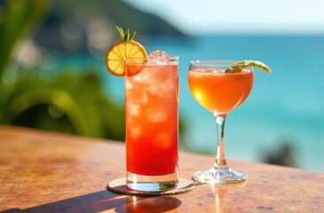 Tropical cocktails on a wooden bar with a scenic ocean view, garnished with fresh citrus fruits and ice, capturing the essence of a relaxing beach vacation in warm sunlight