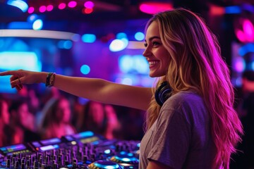A female DJ exudes excitement as she points toward the crowd, her smile infectious in the vibrant atmosphere of a packed nightclub, surrounded by colorful lights and lively music