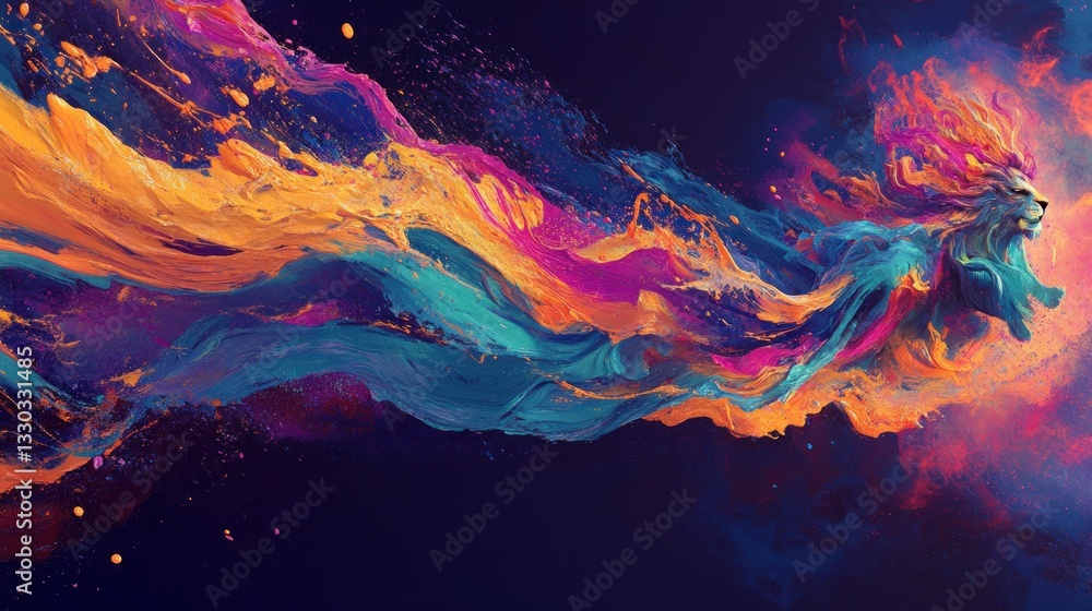 Poster abstract lion with flowing multicolored mane in artistic expression backdrop