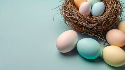 Painted Easter eggs with decorative nest on light blue background.