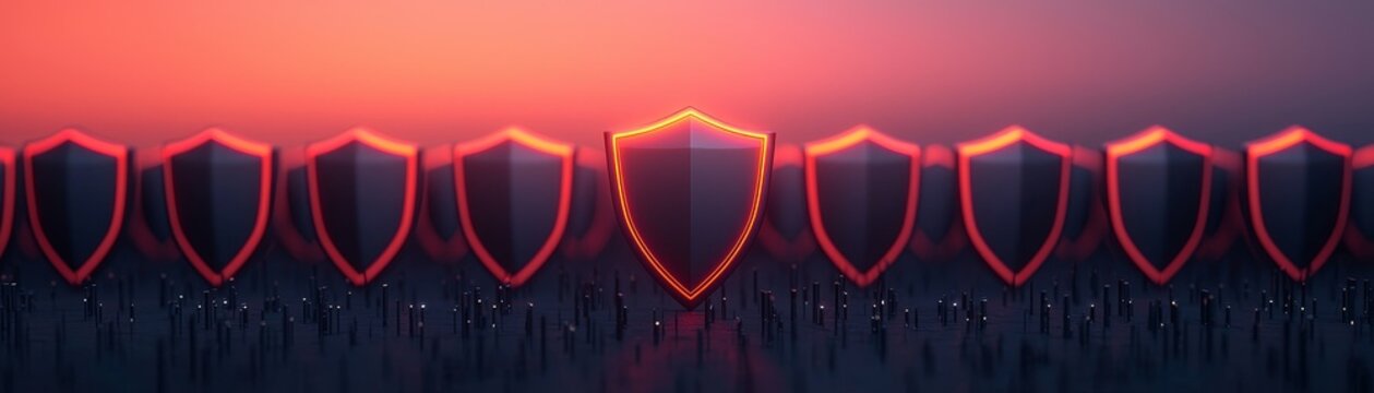 A series of glowing shields in a row against a vibrant sunset backdrop, symbolizing protection and security in a digital or metaphorical context.