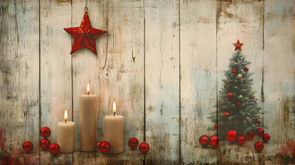 Christmas Greeting Card with Three Beige Candles, Star, Tree, and Red Balls on Light Rustic Wood