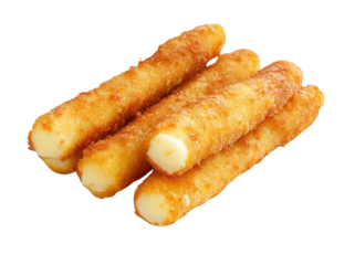 Crispy mozzarella sticks with golden breading isolated on transparent background