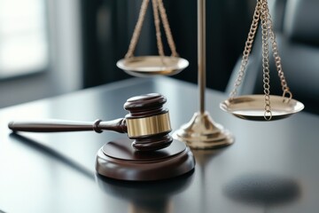 Wooden gavel and scales of justice symbolizing legal authority on a polished desk in a modern courtroom setting