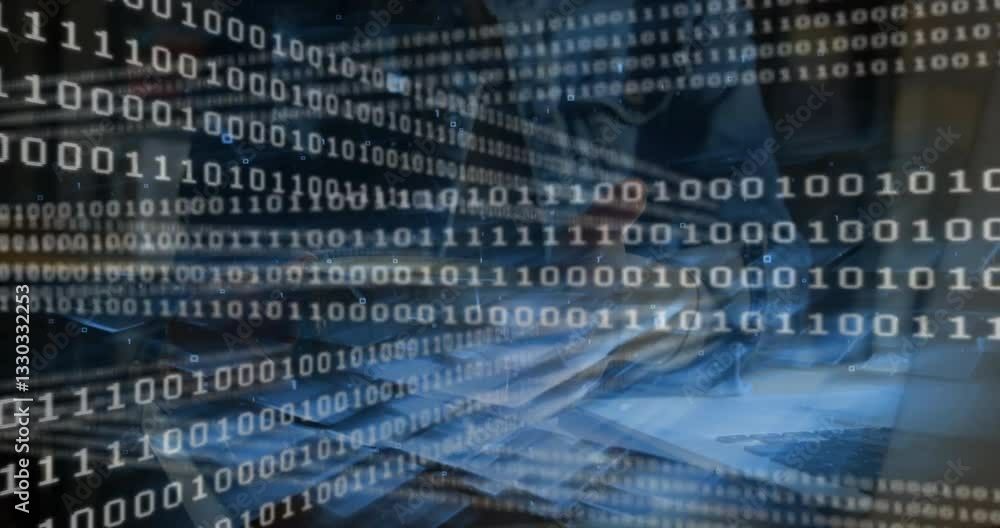 Poster animation of binary code flowing over blue background, representing data processing