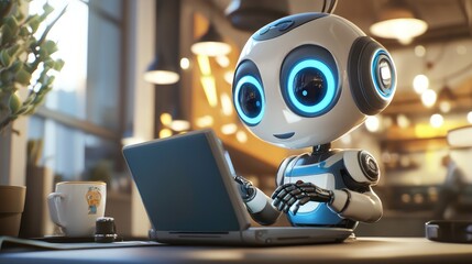 Small robot sits at desk, working on laptop under desk lamp in dimly lit room. Concept of artificial intelligence and Online Assistant