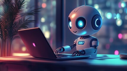 Small robot sits at desk, working on laptop under desk lamp in dimly lit room. Concept of artificial intelligence and Online Assistant