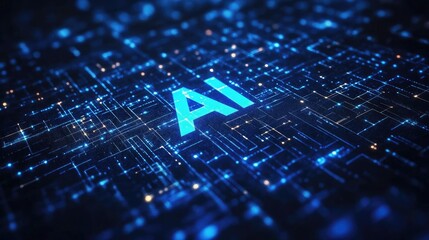 A glowing blue digital circuit board with "AI" prominently displayed, symbolizing the core of artificial intelligence in a technological landscape. Concept of machine learning and neural networks.