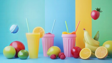 Fototapeta premium colored fruits and colored juices in colored contain
