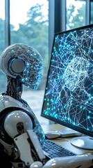 A humanoid robot works at a computer, analyzing complex data on a futuristic screen. Concept of artificial intelligence and human-machine collaboration. Vertical video