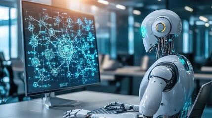 A humanoid robot works at a computer, analyzing complex data on a futuristic screen. Concept of artificial intelligence and human-machine collaboration.