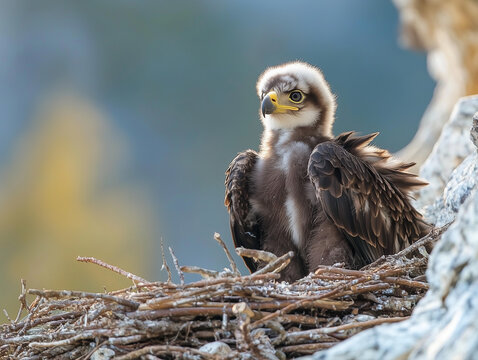 Fluffy baby eagle chick sitting in a nest flapping its wings
