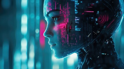 Cybernetic human with robotic interface gazes futuristic cityscape glowing with neon lights. Concept transhumanism and integration artificial intelligence into human identity.