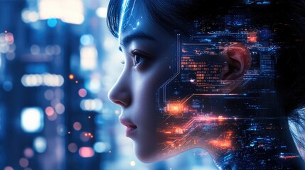 Cybernetic human with robotic interface gazes futuristic cityscape glowing with neon lights. Concept transhumanism and integration artificial intelligence into human identity.