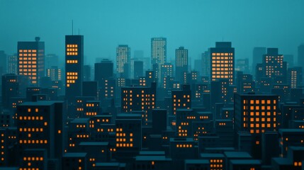 A serene city skyline at twilight, featuring illuminated windows against a blue backdrop, creating a tranquil urban atmosphere.