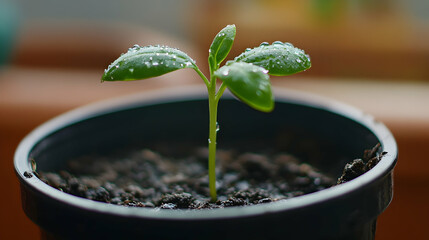 Close-up of a black plastic irrigation dripper watering a young plant
