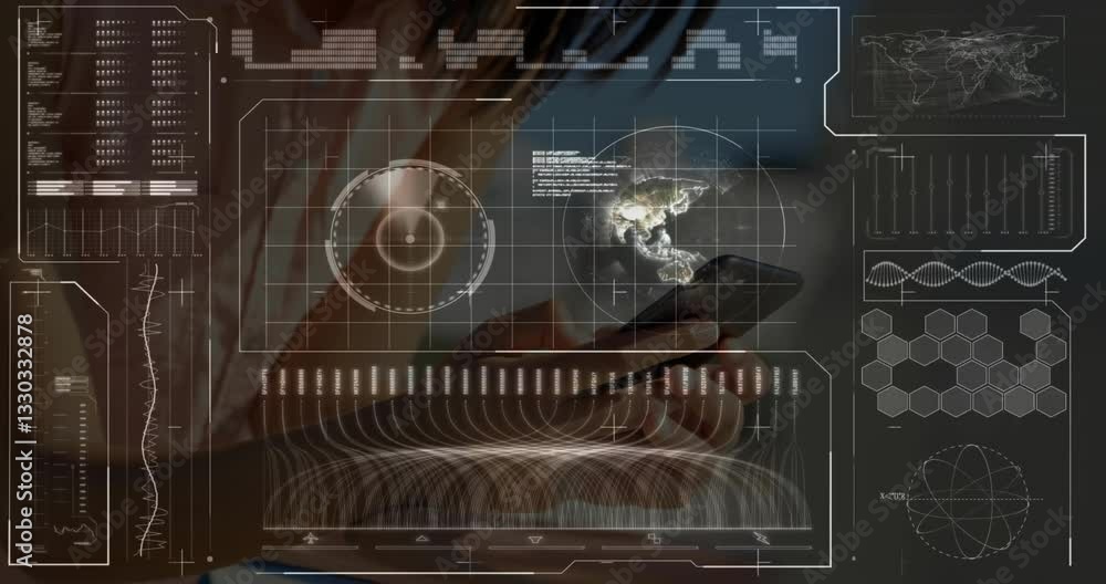 Aufkleber using smartphone, person interacting with animation of futuristic digital interface graphs