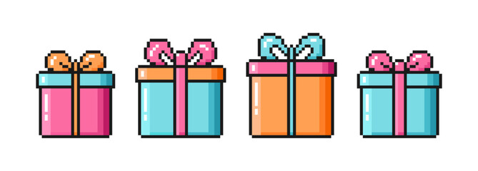 Set of gift boxes with colorful ribbon bows in pixel art style. Christmas and birthday presents. Vector illustration