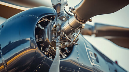 Close-up of a helicopter rotor head and blades, highlighting the technology and engineering behind aviation