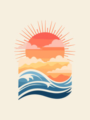 Geometric sun rising over stylized ocean waves, summer aesthetic