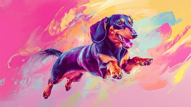 Dachshund jumping, abstract background, pet content