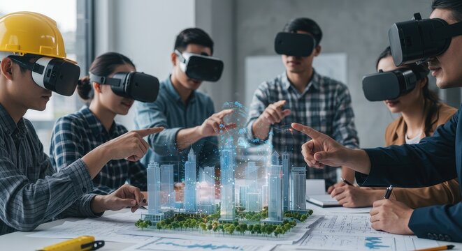 Professionals collaborate in virtual reality to design a modern cityscape - Powered by Adobe