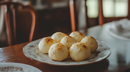 Closeup of Brazilian cheese bread pao de queijo on a plate on table