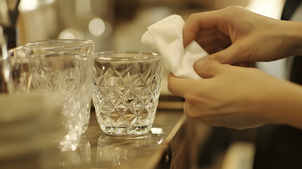 Close-up of delicate glassware being polished with a soft cloth in a craft shop