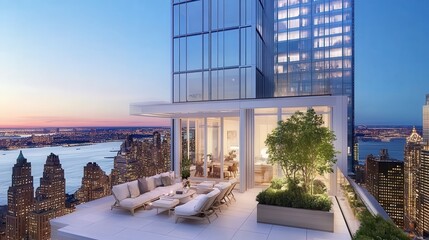 Obraz premium Luxury Penthouse Rooftop Terrace with Breathtaking Cityscape Views at Dusk