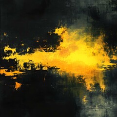 A high-end abstract graphic with glowing yellow hues blending into dark black tones, accompanied by a soft light aura and delicate grain texture to create depth and visual richness