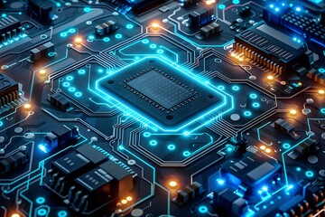 Fototapeta premium Glowing Circuit Board Design. Modern Technology Motherboard and Processor Concept
