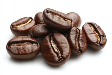 Obraz premium Freshly roasted coffee beans glisten in light, revealing rich textures and deep aromas ready for brewing delights