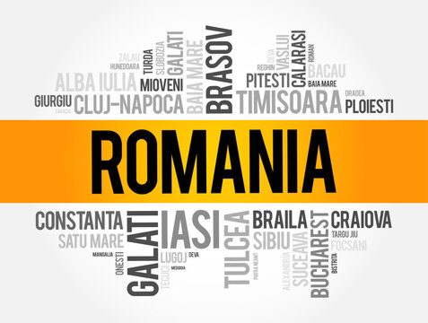 Romania - is a country located at the crossroads of Central, Eastern, and Southeast Europe, word cloud concept background