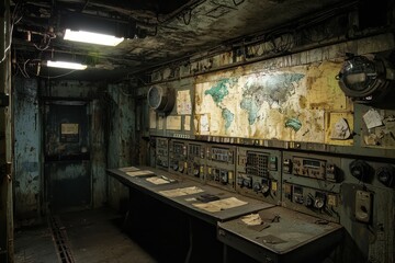 Secret Underground Bunker with Rusted Equipment A long-forgotten underground bunker, filled with rusted control panels and peeling maps of the world.