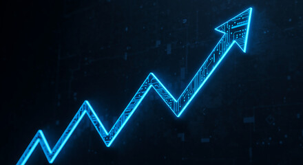 Futuristic stock market growth concept with glowing rising blue arrows 
