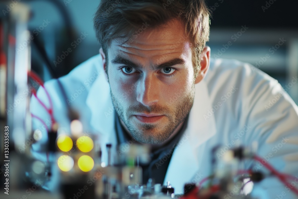 Poster a male lab technician focuses intently on advanced equipment, engaged in a complex experiment. the l